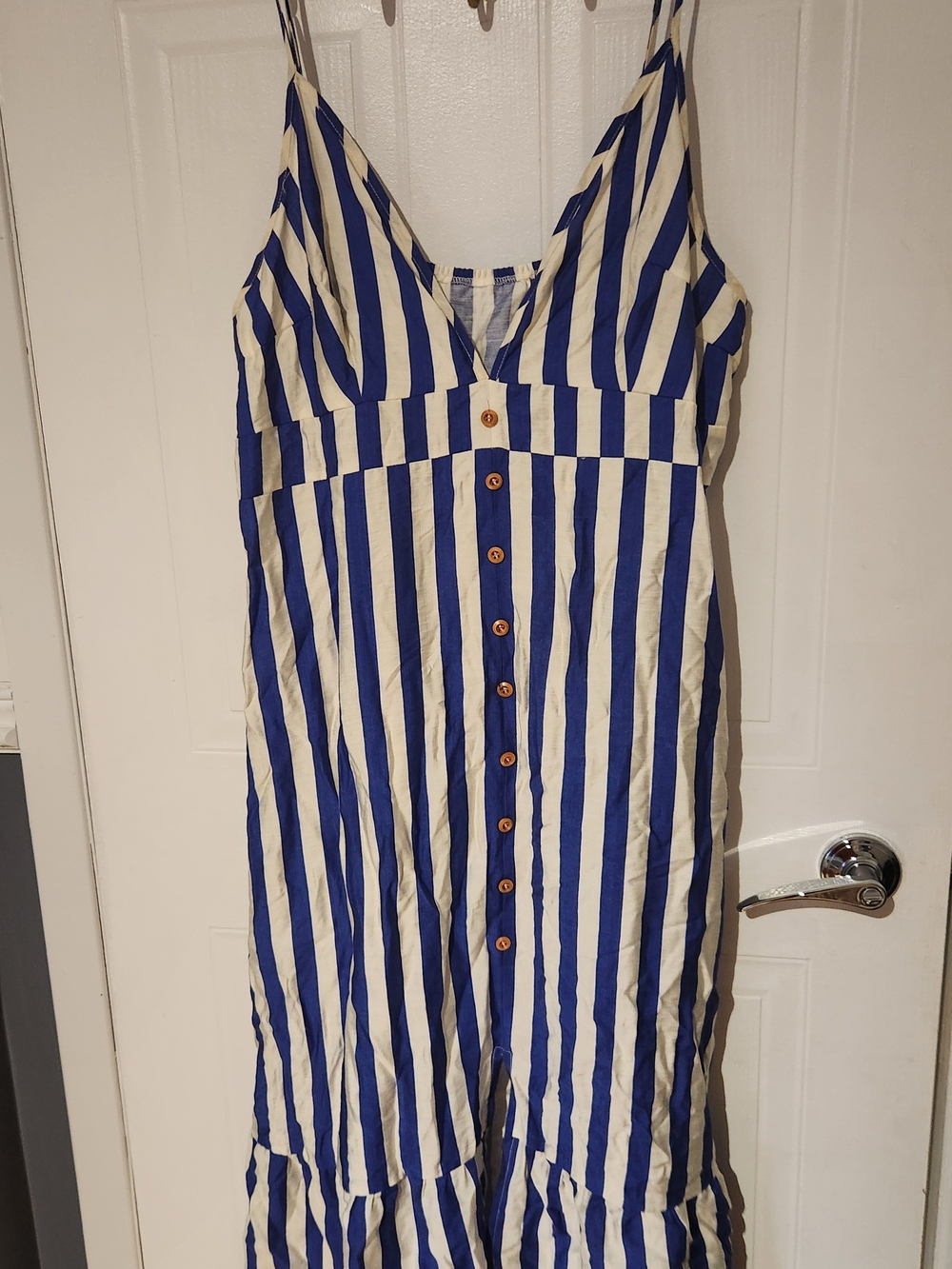 Blue and White Striped Woman Button-Front Dress